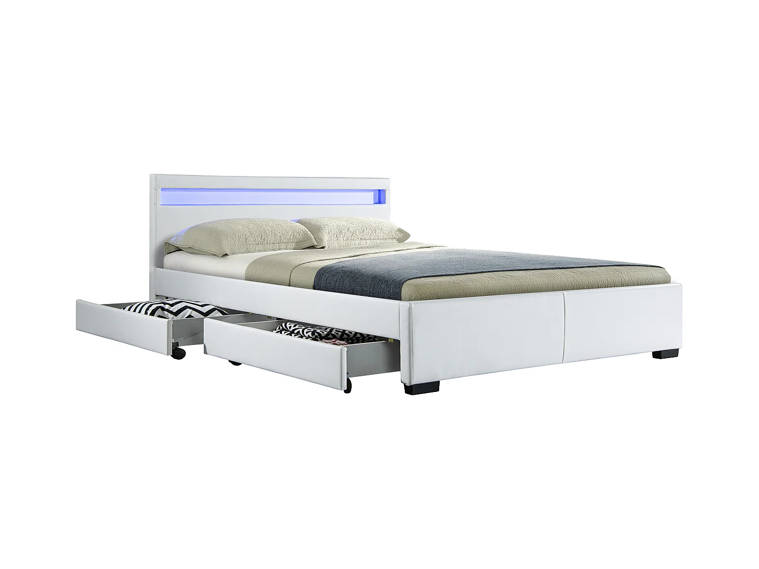 Lit Drawer PU Blanc 140x190 cm + LED & 4 tiroirs