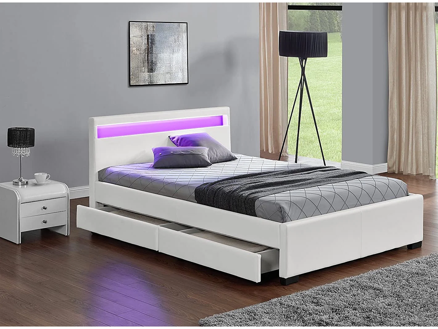 Lit à led avec 4 tiroirs simili cuir Denvers-Couleur Blanc-140x190