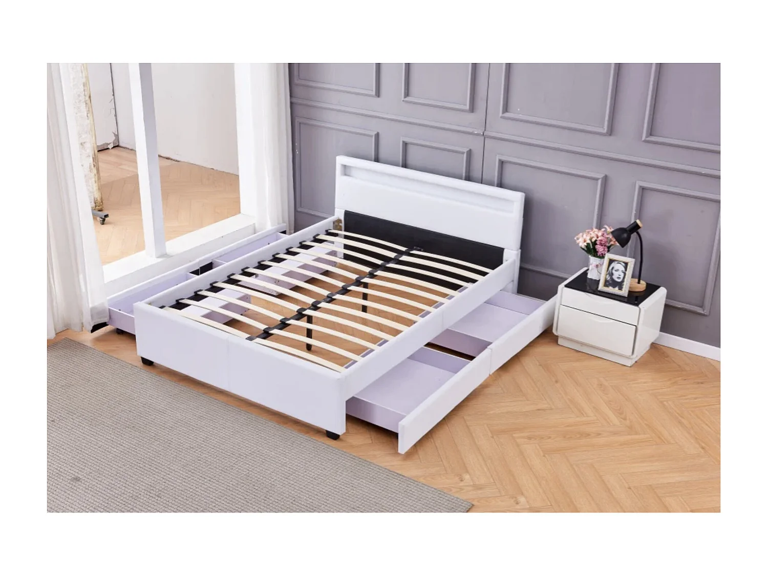 Lit à led avec 4 tiroirs simili cuir Denvers-Couleur Blanc-140x190