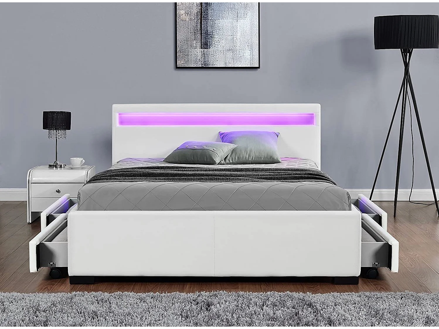 Lit à led avec 4 tiroirs simili cuir Denvers-Couleur Blanc-140x190