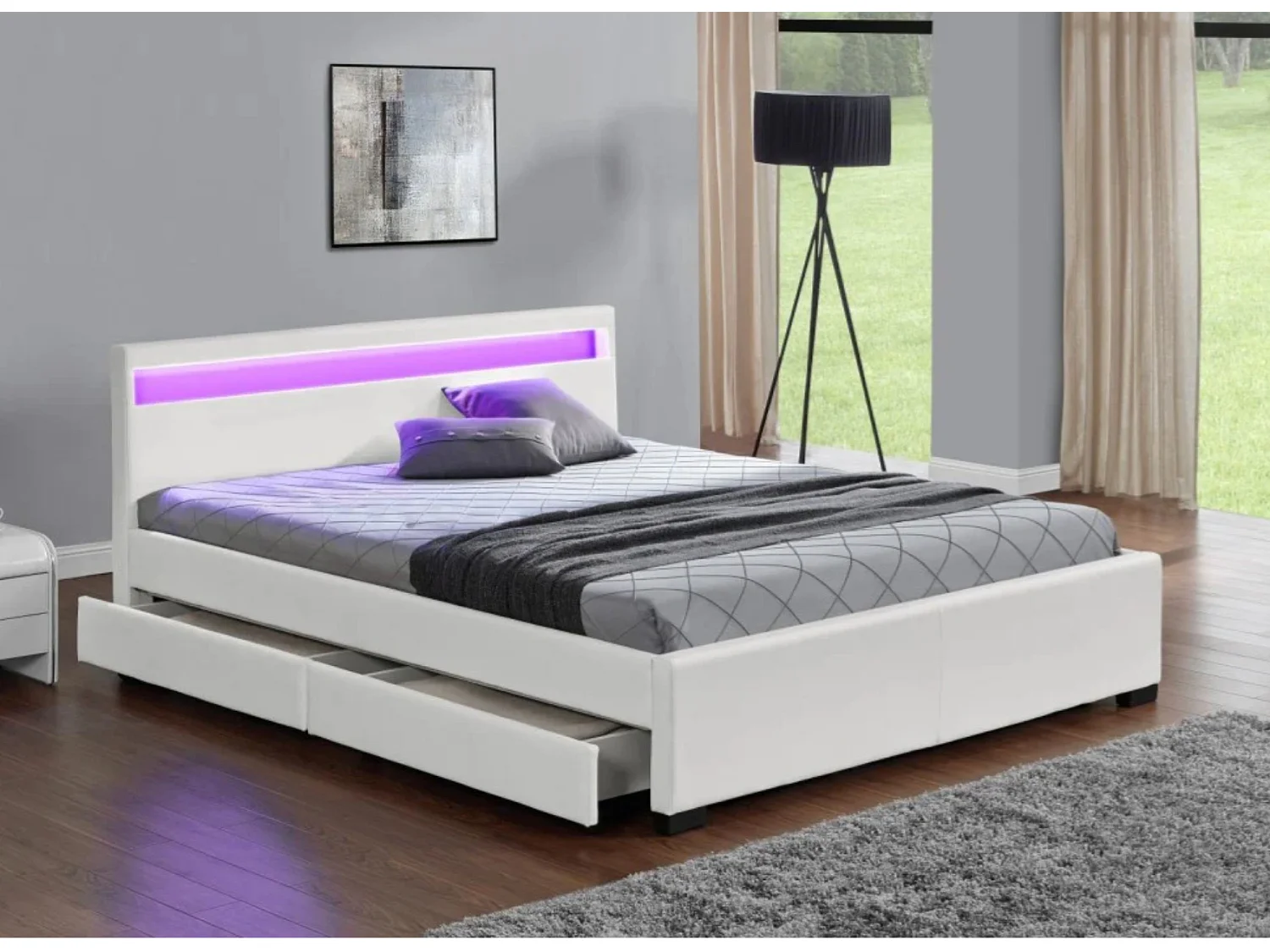 Lit à led avec 4 tiroirs simili cuir Denvers-Couleur Blanc-140x190