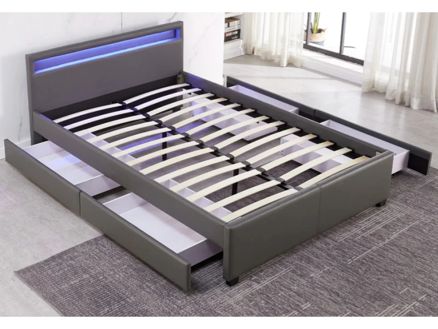 Lit à led avec 4 tiroirs simili cuir Denvers-Couleur Blanc-140x190