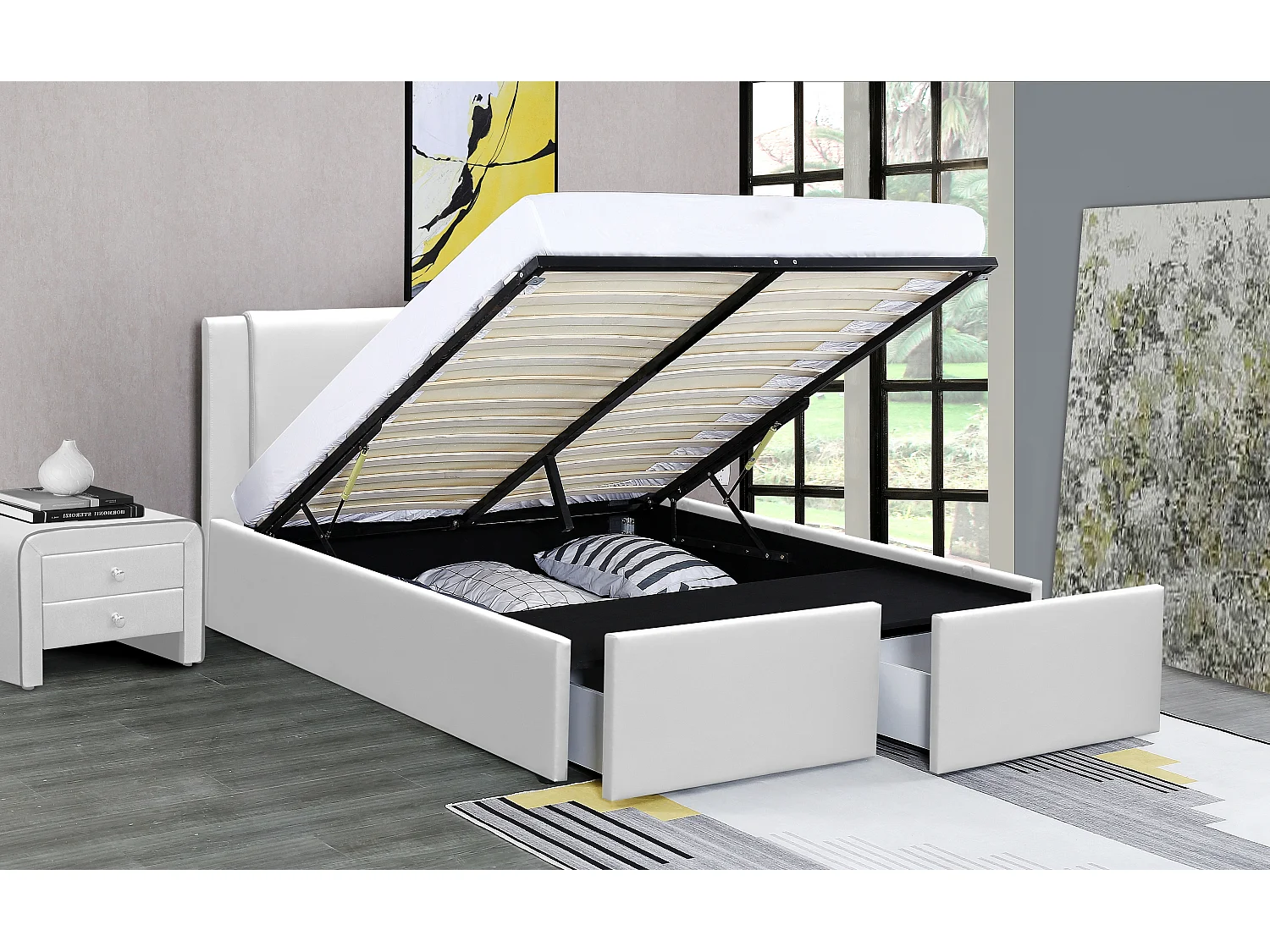 Lit Floki Coffre Pu Blanc 180x200 cm 2 Tiroirs