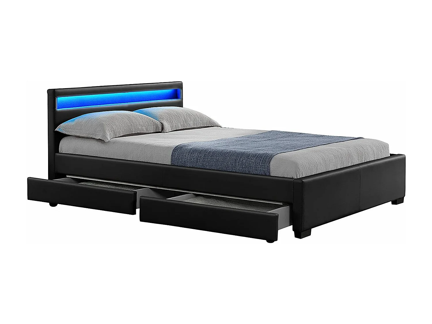 Lit à led avec 4 tiroirs simili cuir Denvers-Couleur Noir-140x190