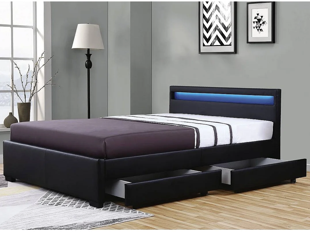 Lit à led avec 4 tiroirs simili cuir Denvers-Couleur Noir-140x190