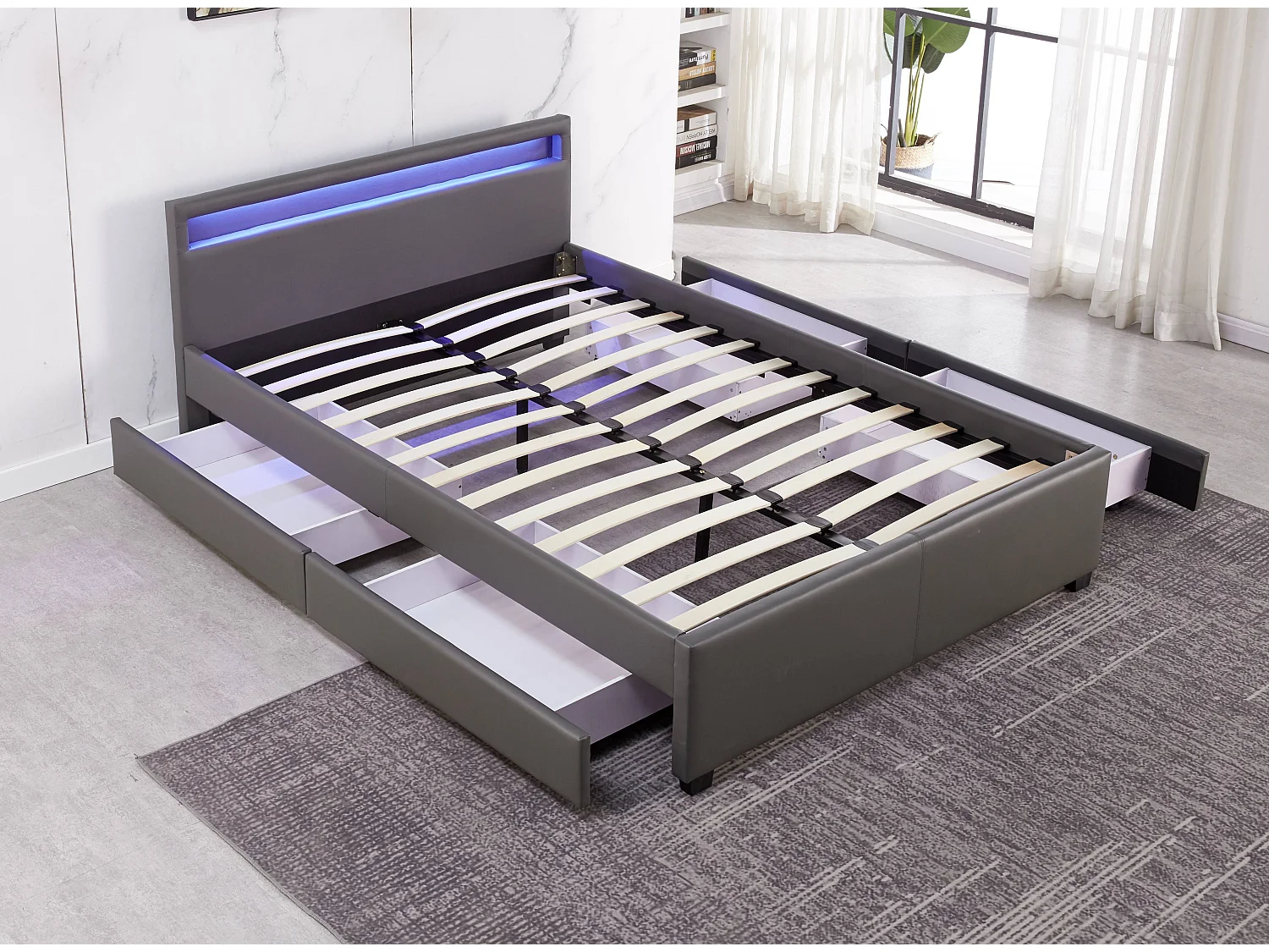 Lit à led avec 4 tiroirs simili cuir Denvers-Couleur Noir-140x190