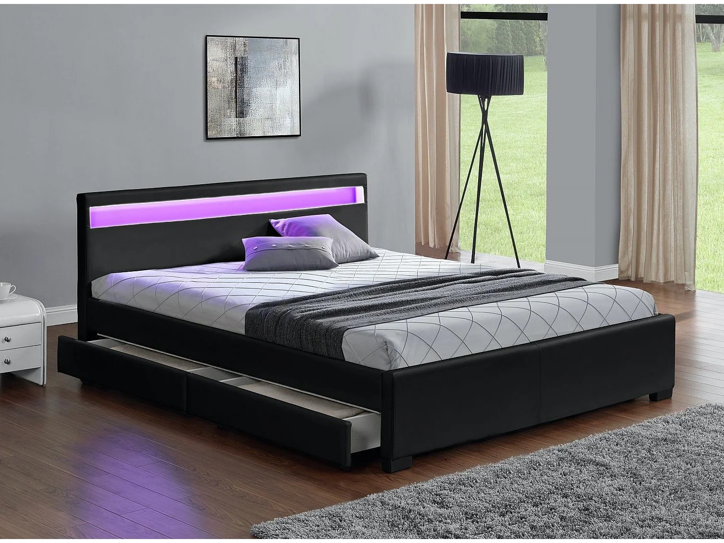 Lit à led avec 4 tiroirs simili cuir Denvers-Couleur Noir-140x190