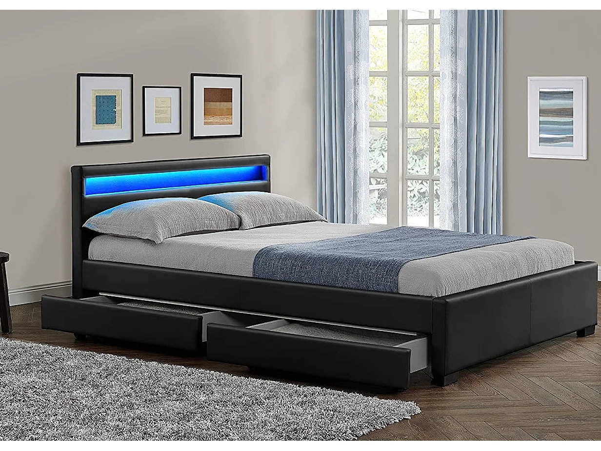 Lit à led avec 4 tiroirs simili cuir Denvers-Couleur Noir-140x190