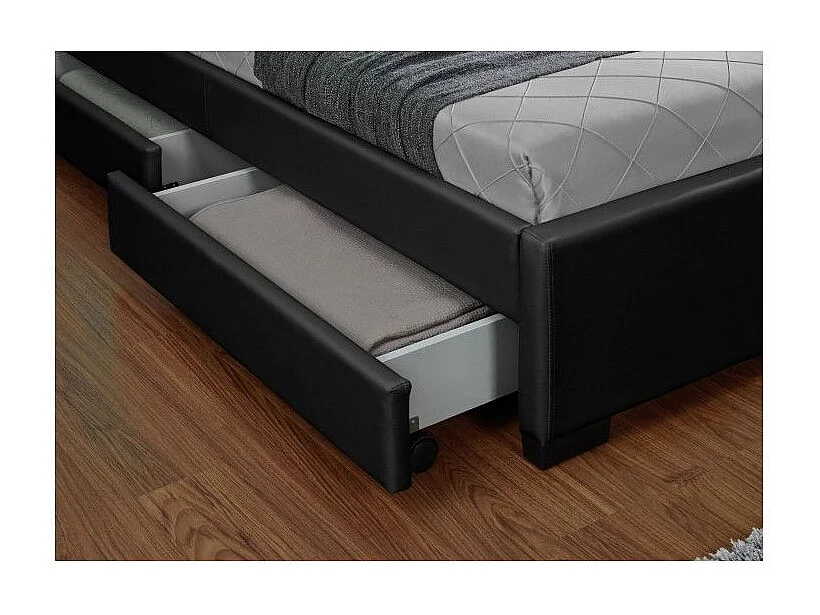 Lit à led avec 4 tiroirs simili cuir Denvers-Couleur Noir-140x190