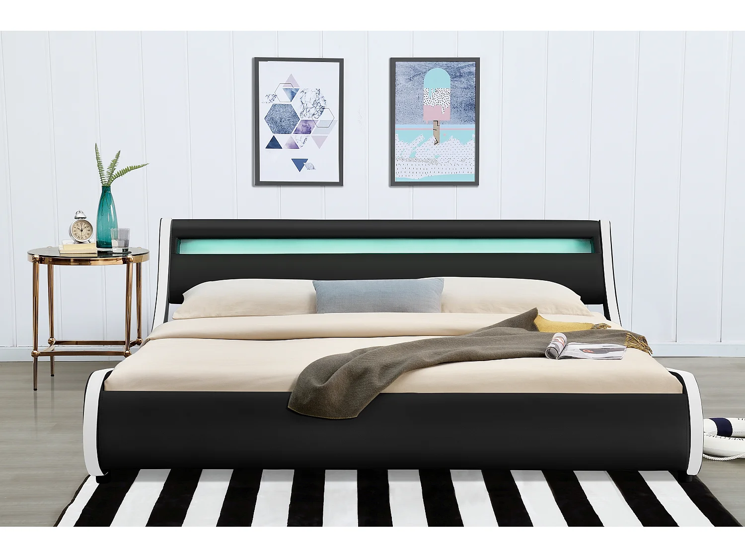 Lit Comet LED PU Noir Liseré Blanc 140x190 cm