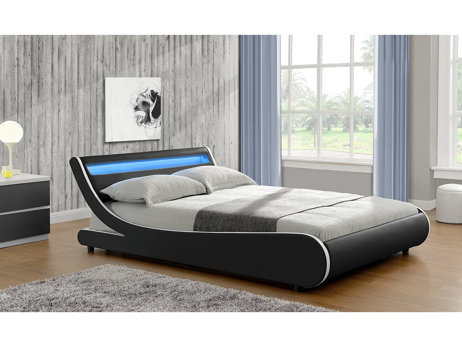 Lit Comet LED PU Noir Liseré Blanc 140x190 cm