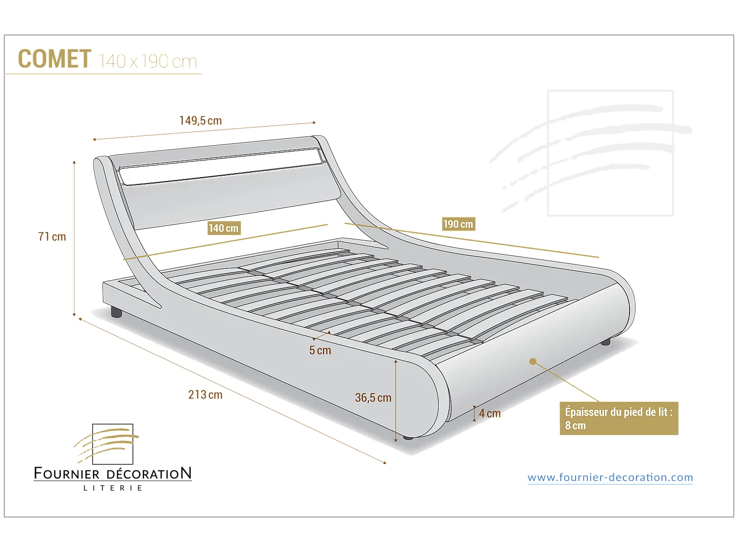 Lit Comet LED PU Noir Liseré Blanc 140x190 cm