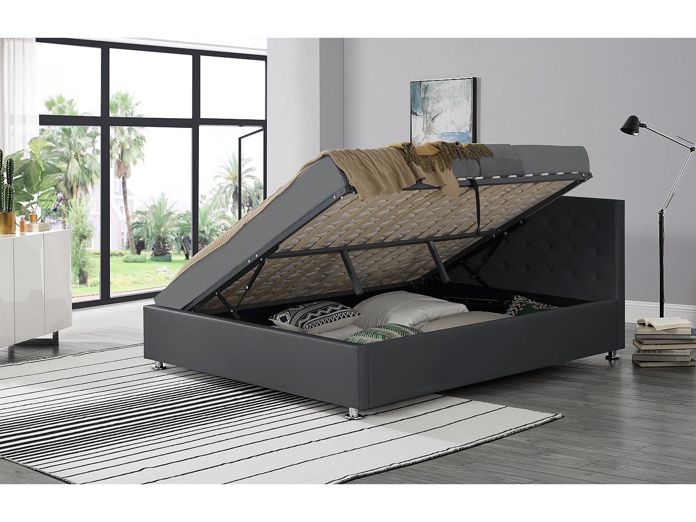 Lit Coffre 160x200 Cm Avec Tête De Lit – Noir, Sans Marque, Matelas Non Inclus