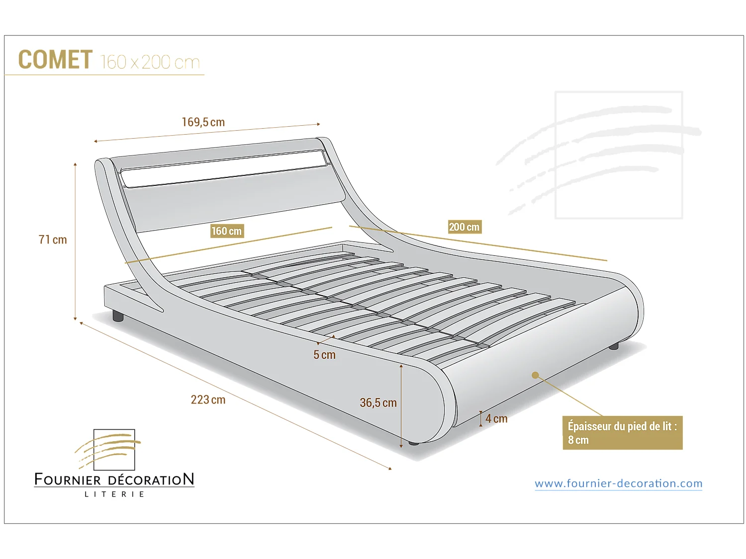 Lit Comet LED PU Noir Liseré Blanc 160x200 cm
