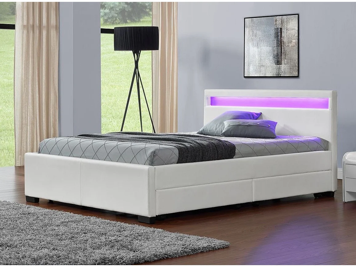 Lit à led avec 4 tiroirs simili cuir Denvers-Couleur Blanc-160x200