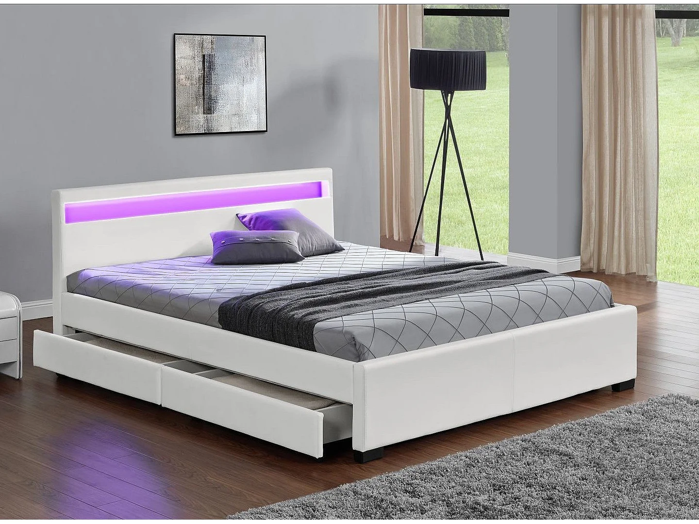 Lit à led avec 4 tiroirs simili cuir Denvers-Couleur Blanc-160x200