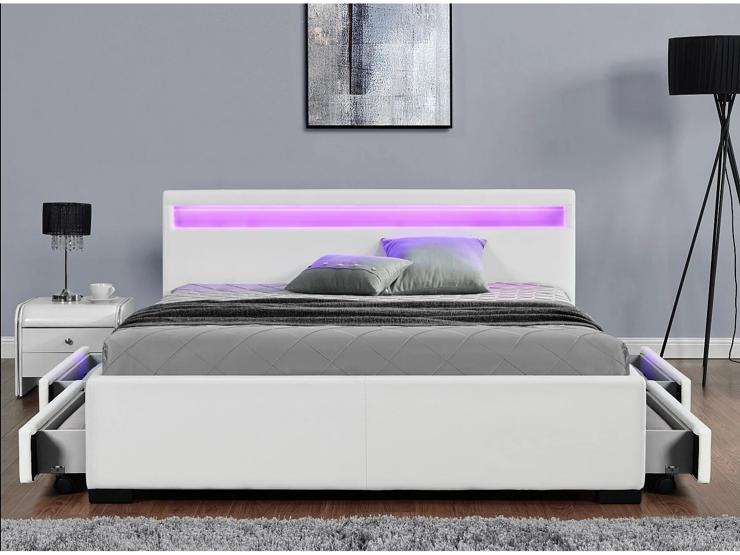 Lit à led avec 4 tiroirs simili cuir Denvers-Couleur Blanc-160x200