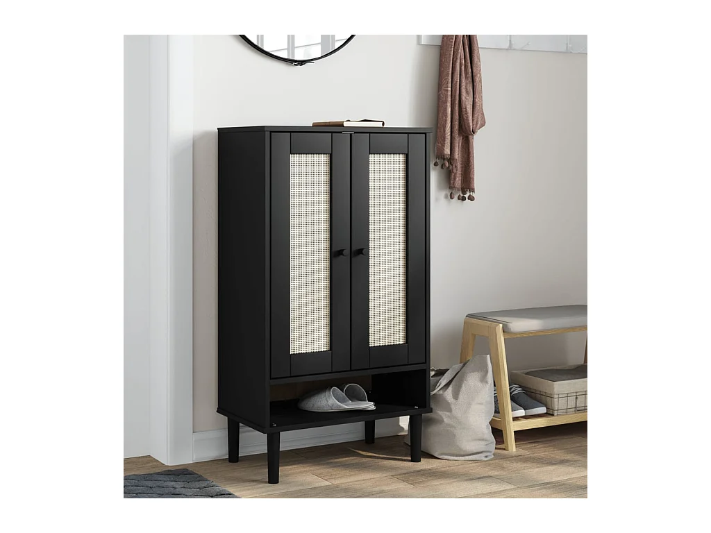 SENJA schoenenkast zwart rotan look massief hout