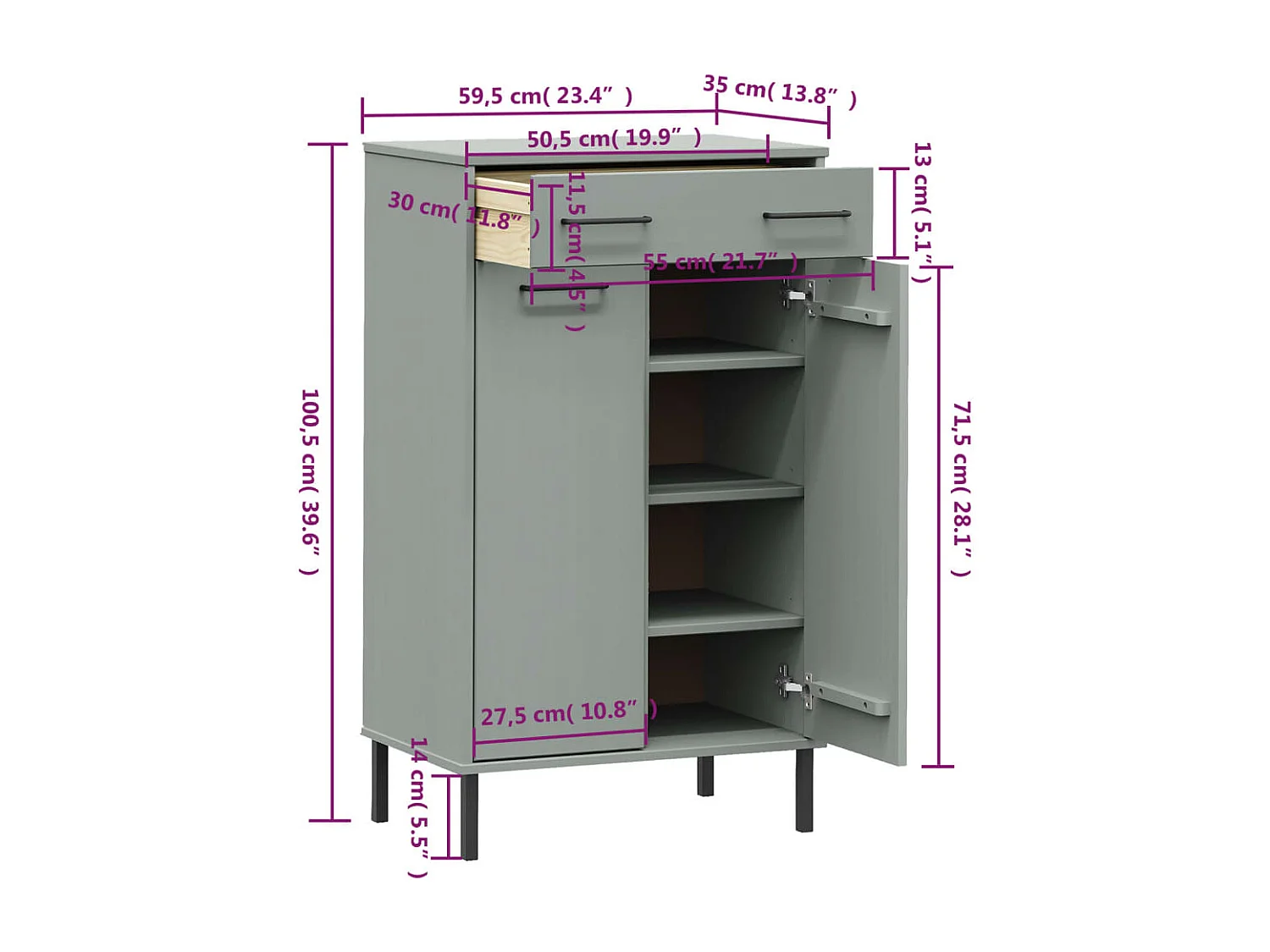 schoenenrek en metalen poten Grijs grenenhout OSLO