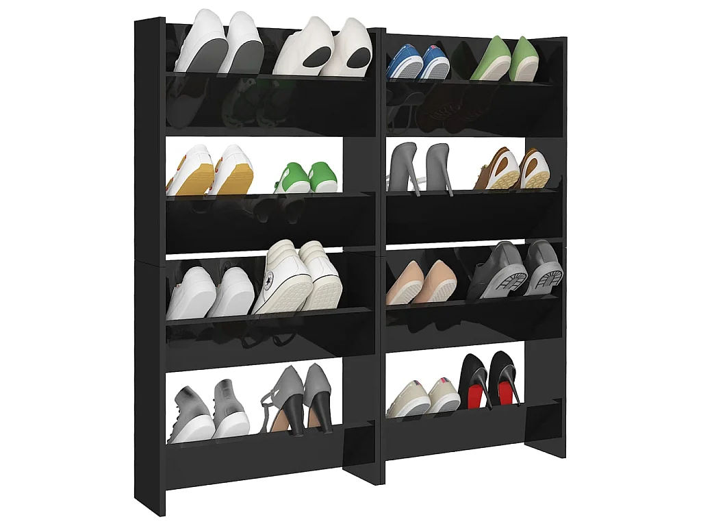 Scarpiere a muro 4 pz Nero lucido 60x18x60 cm