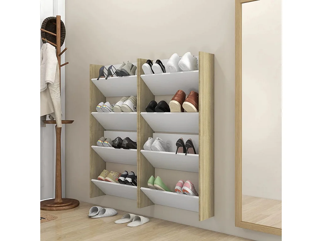 Schoenenkasten voor wandmontage 4 stuks Wit en eiken 60x18x60 cm