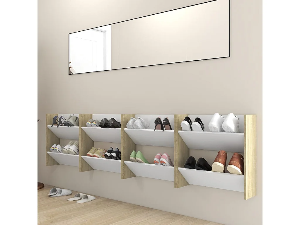 Schoenenkasten voor wandmontage 4 stuks Wit en eiken 60x18x60 cm