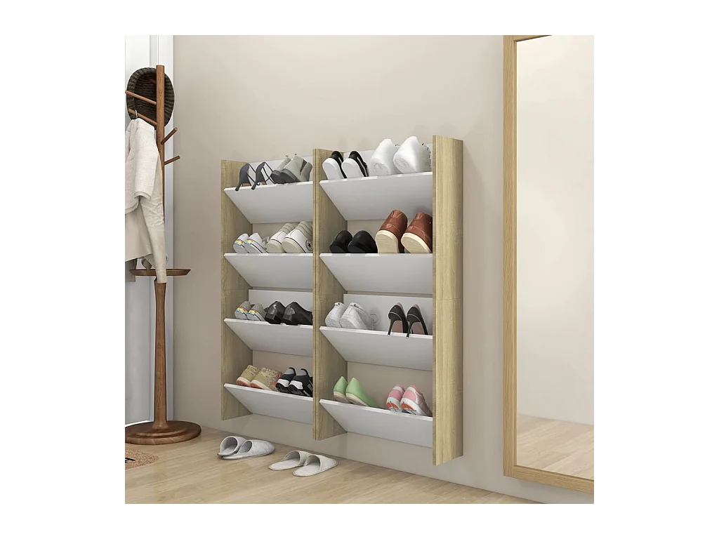 Schoenenkasten voor wandmontage 4 stuks Wit en eiken 60x18x60 cm