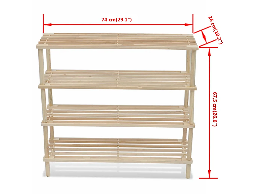 Schoenenrek met 4 planken, 2 stuks massief dennenhout