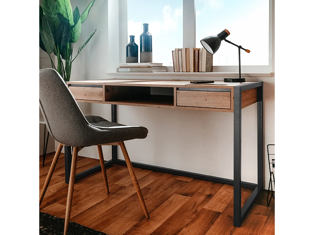 Industrieel bureau van hout en zwart KOTOR met 2 laden en 1 opbergvak