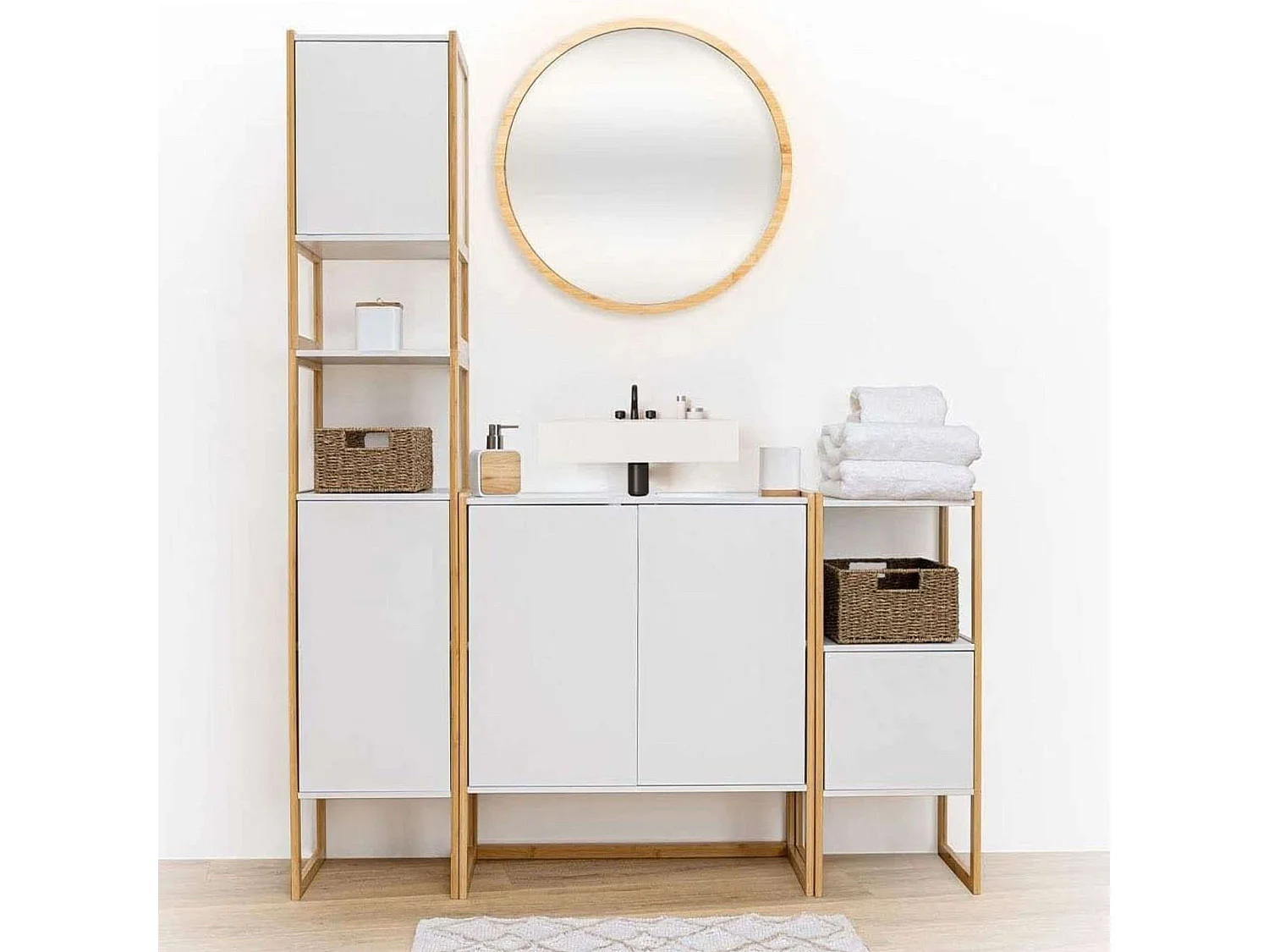 Meuble de rangement en Bambou et Bois Blanc 1 Porte H 80 cm