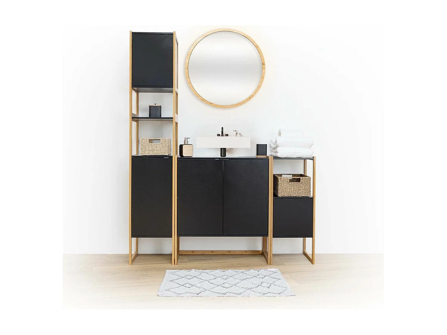 Meuble sous lavabo en Bambou et Bois Noir 2 Portes H 80 cm