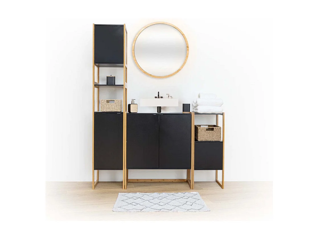 Meuble sous lavabo en Bambou et Bois Noir 2 Portes H 80 cm