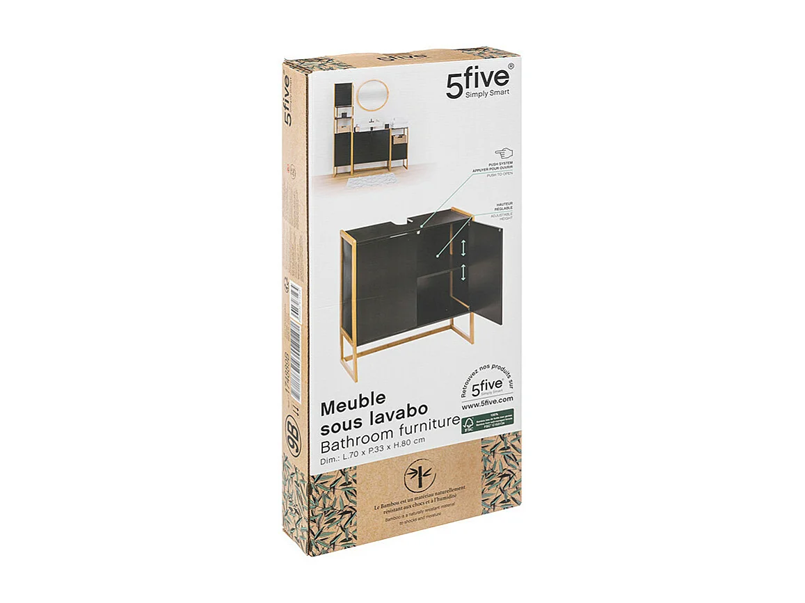 Meuble sous lavabo en Bambou et Bois Noir 2 Portes H 80 cm