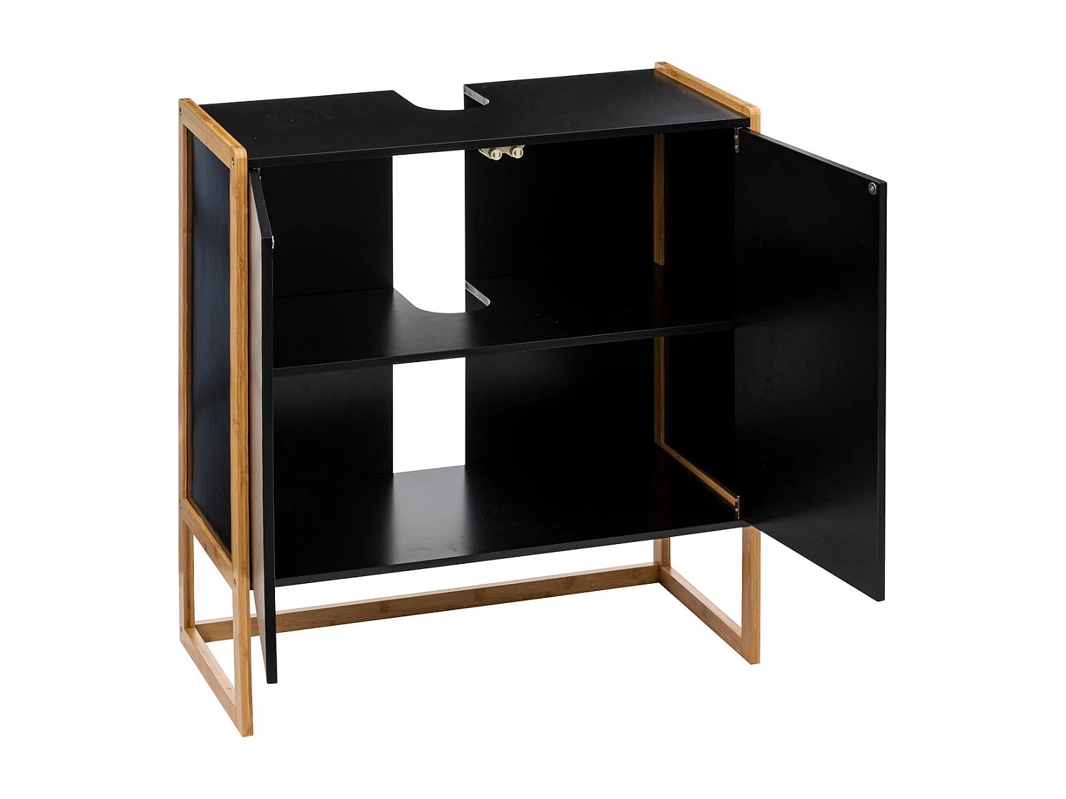 Meuble sous lavabo en Bambou et Bois Noir 2 Portes H 80 cm