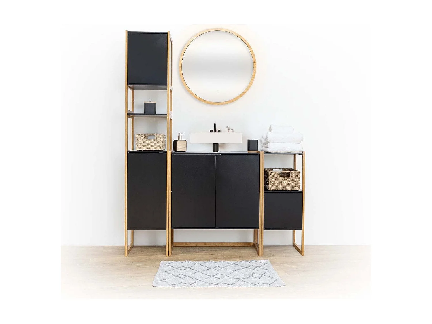 Meuble sous lavabo en Bambou et Bois Noir 2 Portes H 80 cm