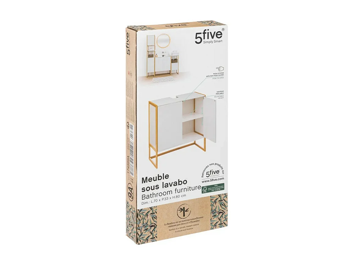 Meuble sous lavabo en Bambou et Bois Blanc 2 Portes H 80 cm
