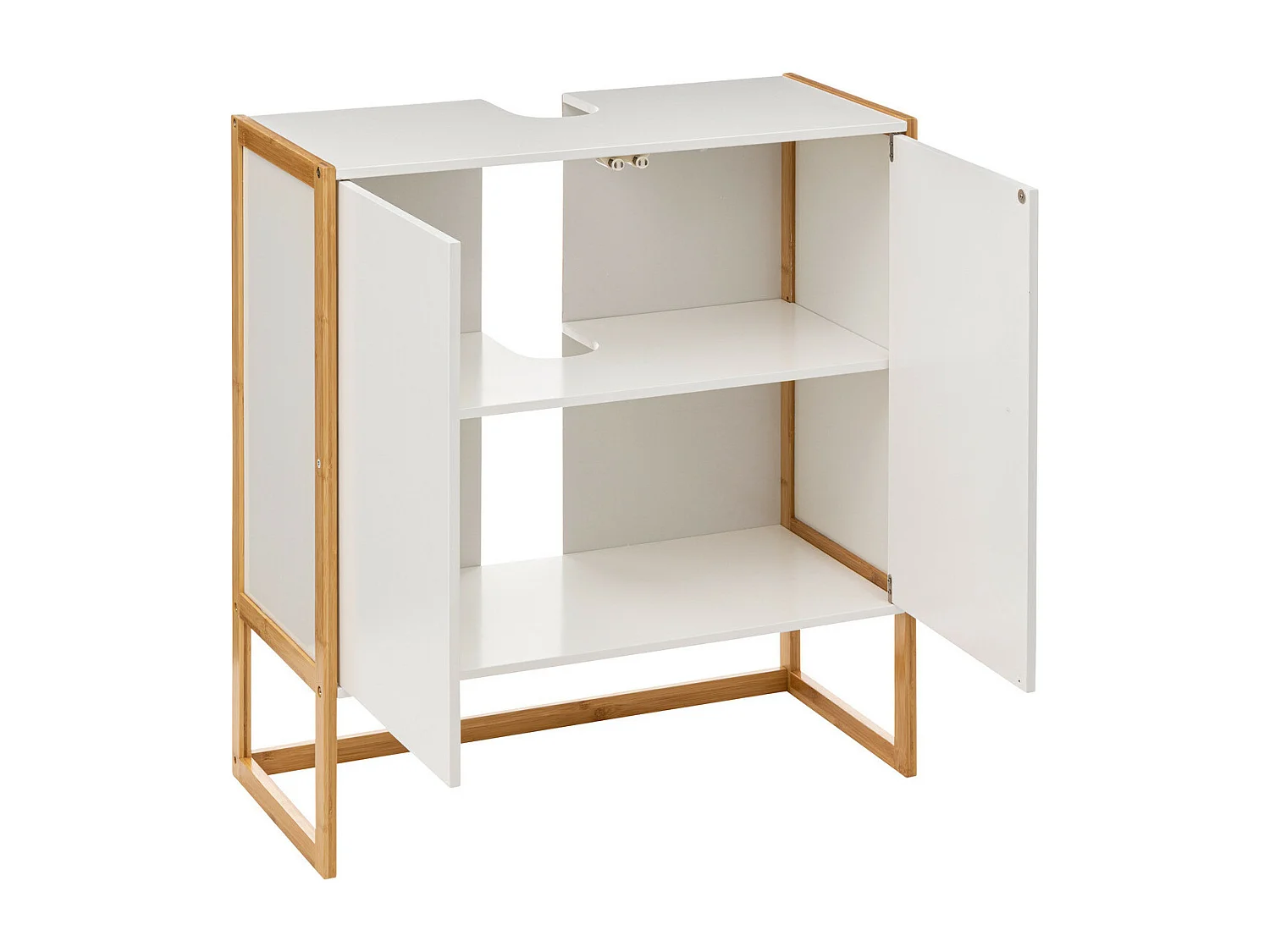 Meuble sous lavabo en Bambou et Bois Blanc 2 Portes H 80 cm