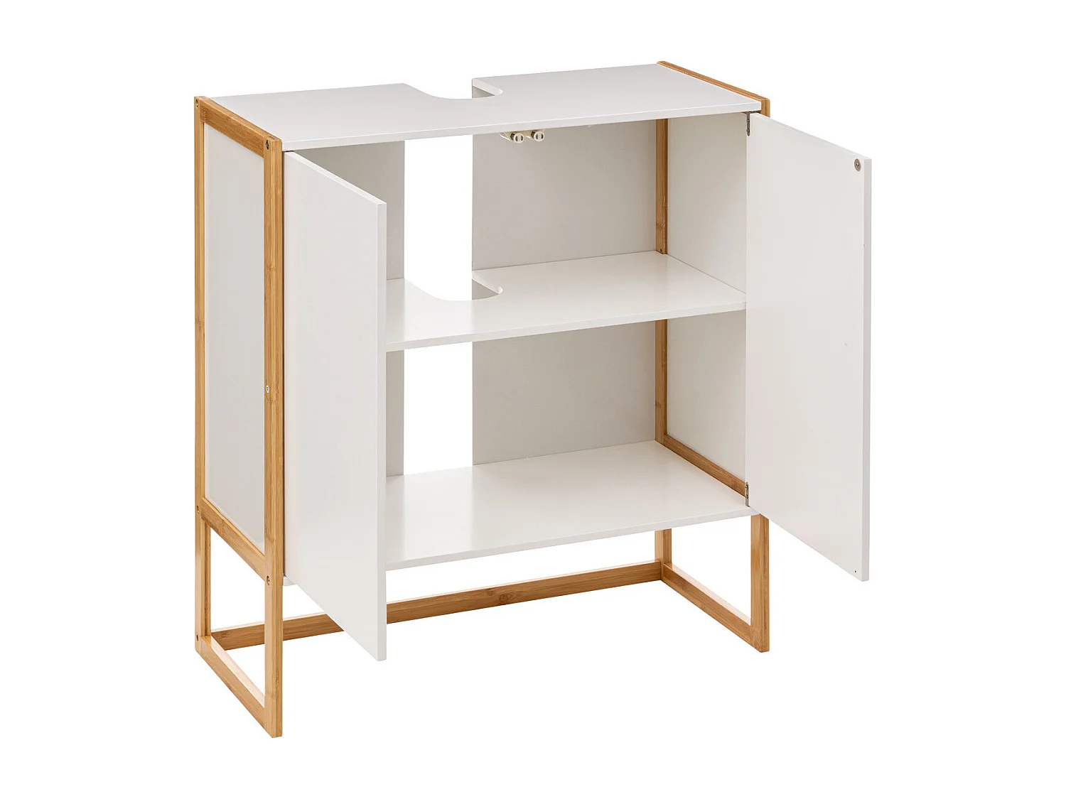 Meuble sous lavabo en Bambou et Bois Blanc 2 Portes H 80 cm