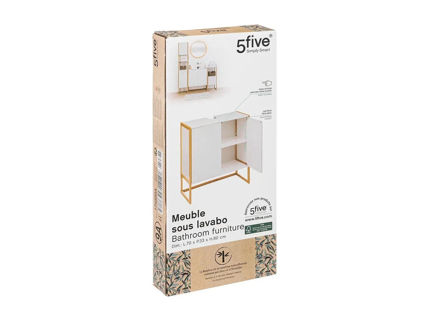 Meuble sous lavabo en Bambou et Bois Blanc 2 Portes H 80 cm