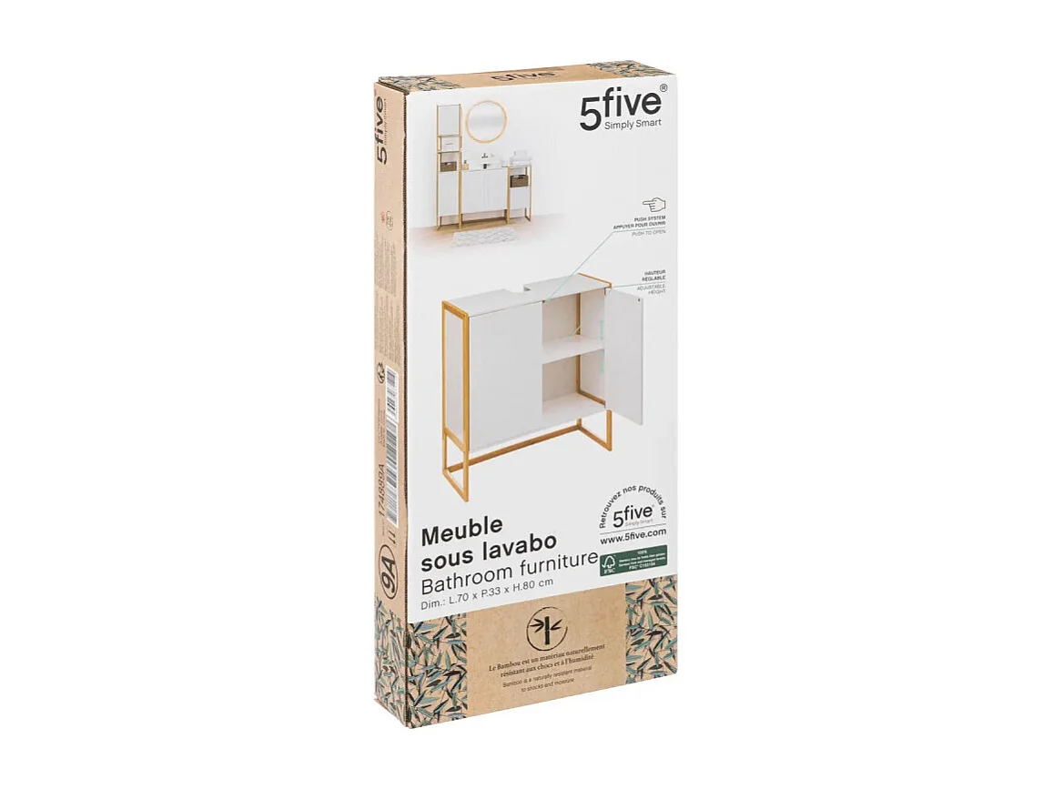 Meuble sous lavabo en Bambou et Bois Blanc 2 Portes H 80 cm