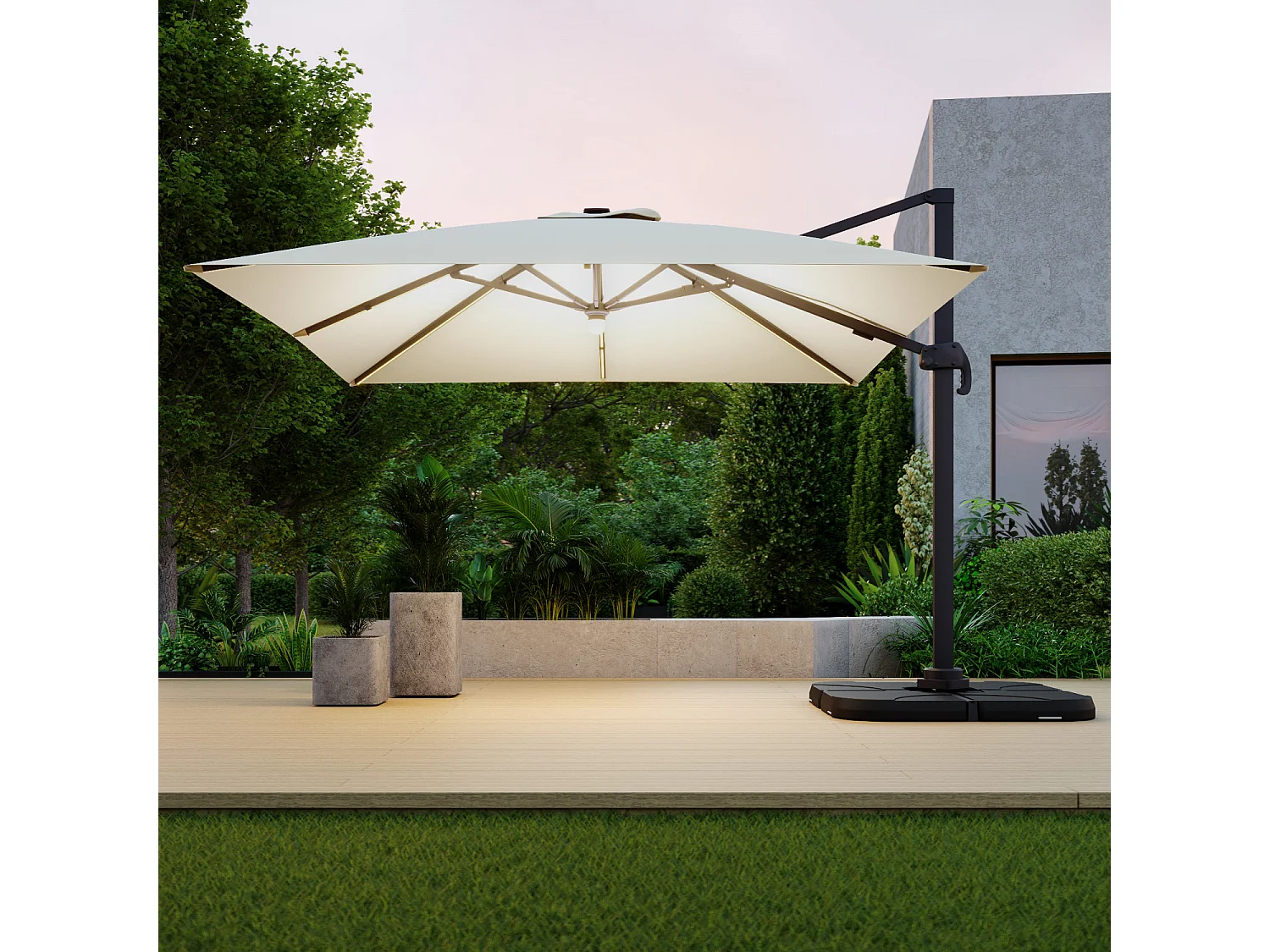 Parasol déporté LED 3x4m rectangle en aluminium + housse - rotatif 360° - Beige - ROME