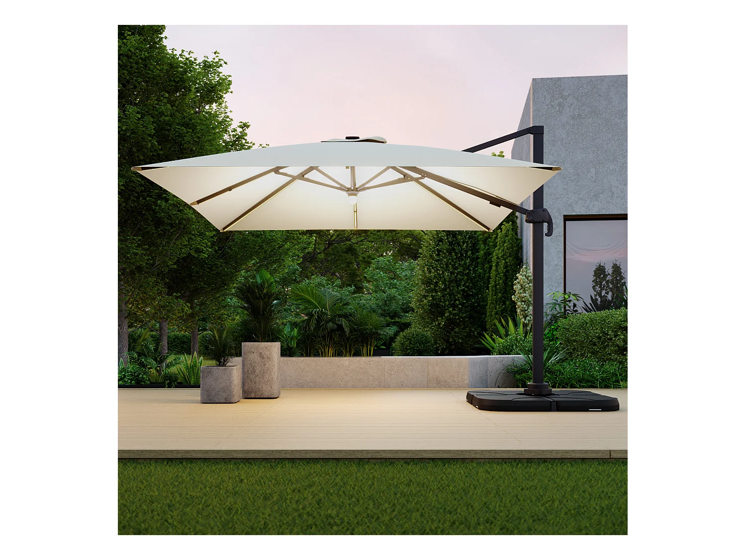 Parasol déporté LED 3x4m rectangle en aluminium + housse - rotatif 360° - Beige - ROME