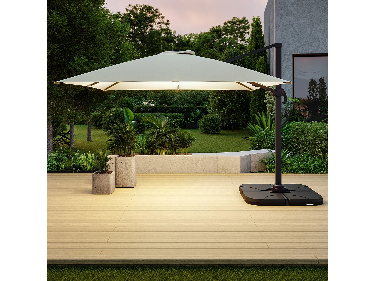 Parasol déporté LED 3x4m rectangle en aluminium + housse - rotatif 360° - Beige - ROME