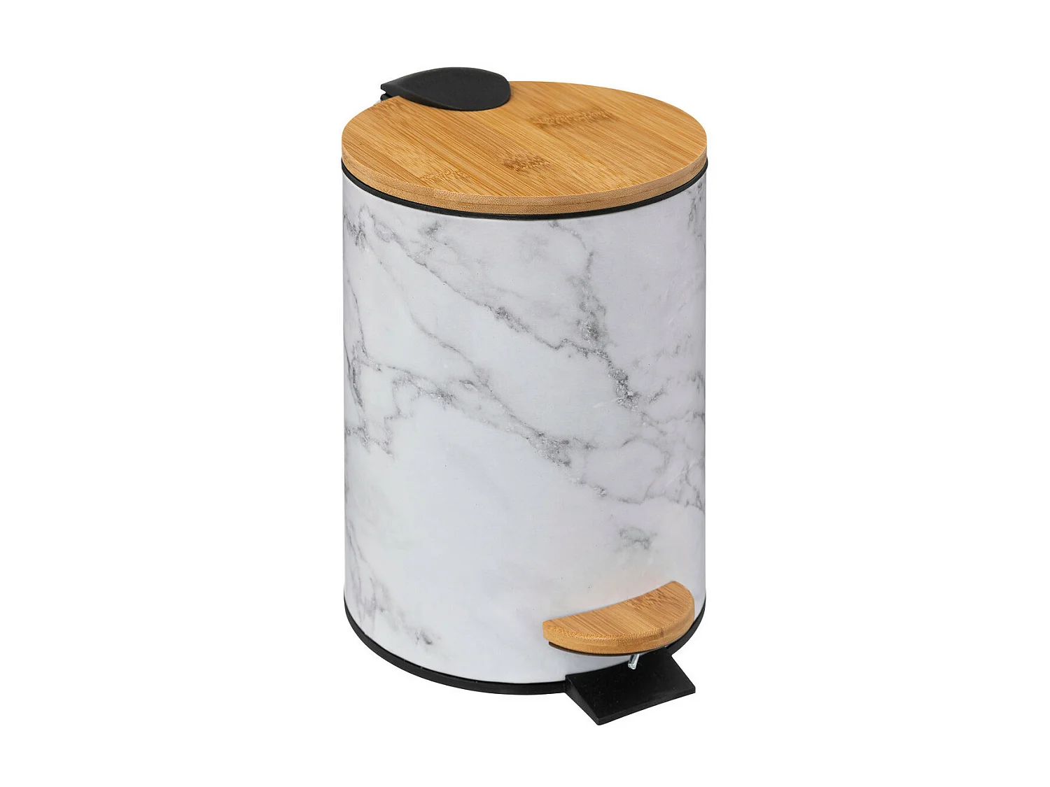 Poubelle en métal Blanc marbré et couvercle en bambou 3 L