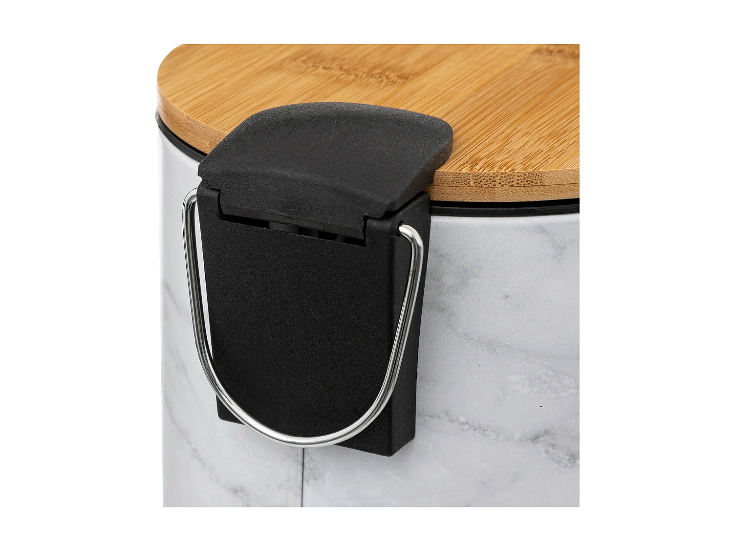 Poubelle en métal Blanc marbré et couvercle en bambou 3 L