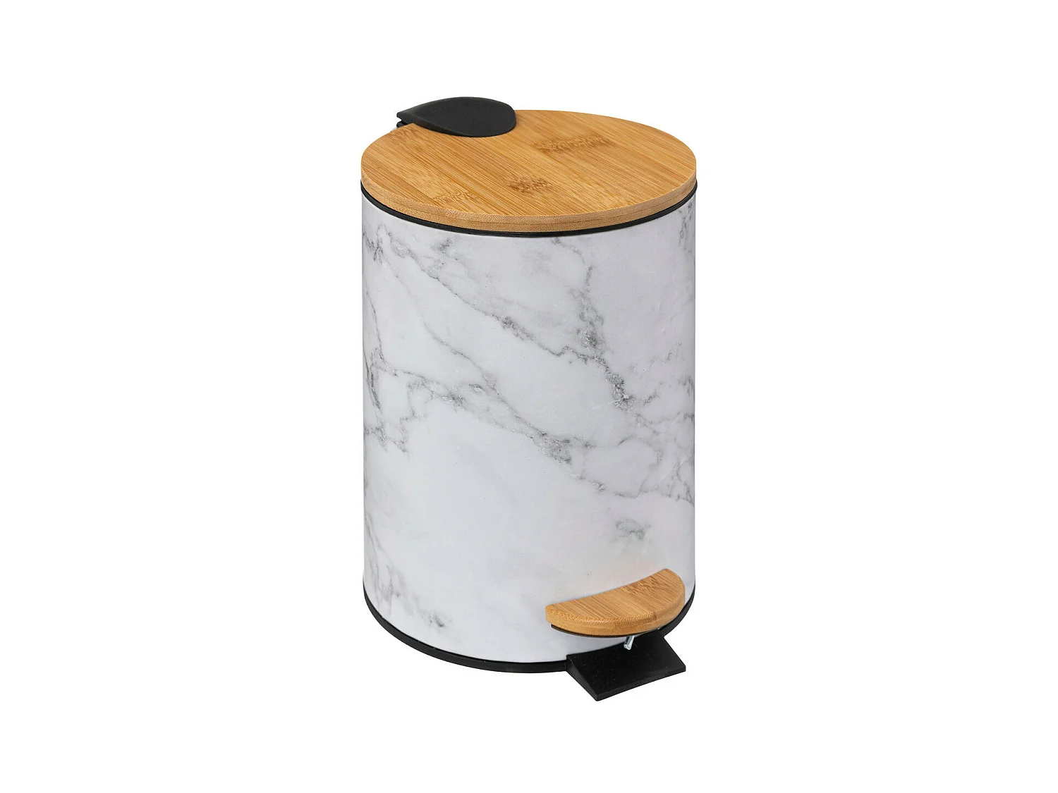 Poubelle en métal Blanc marbré et couvercle en bambou 3 L