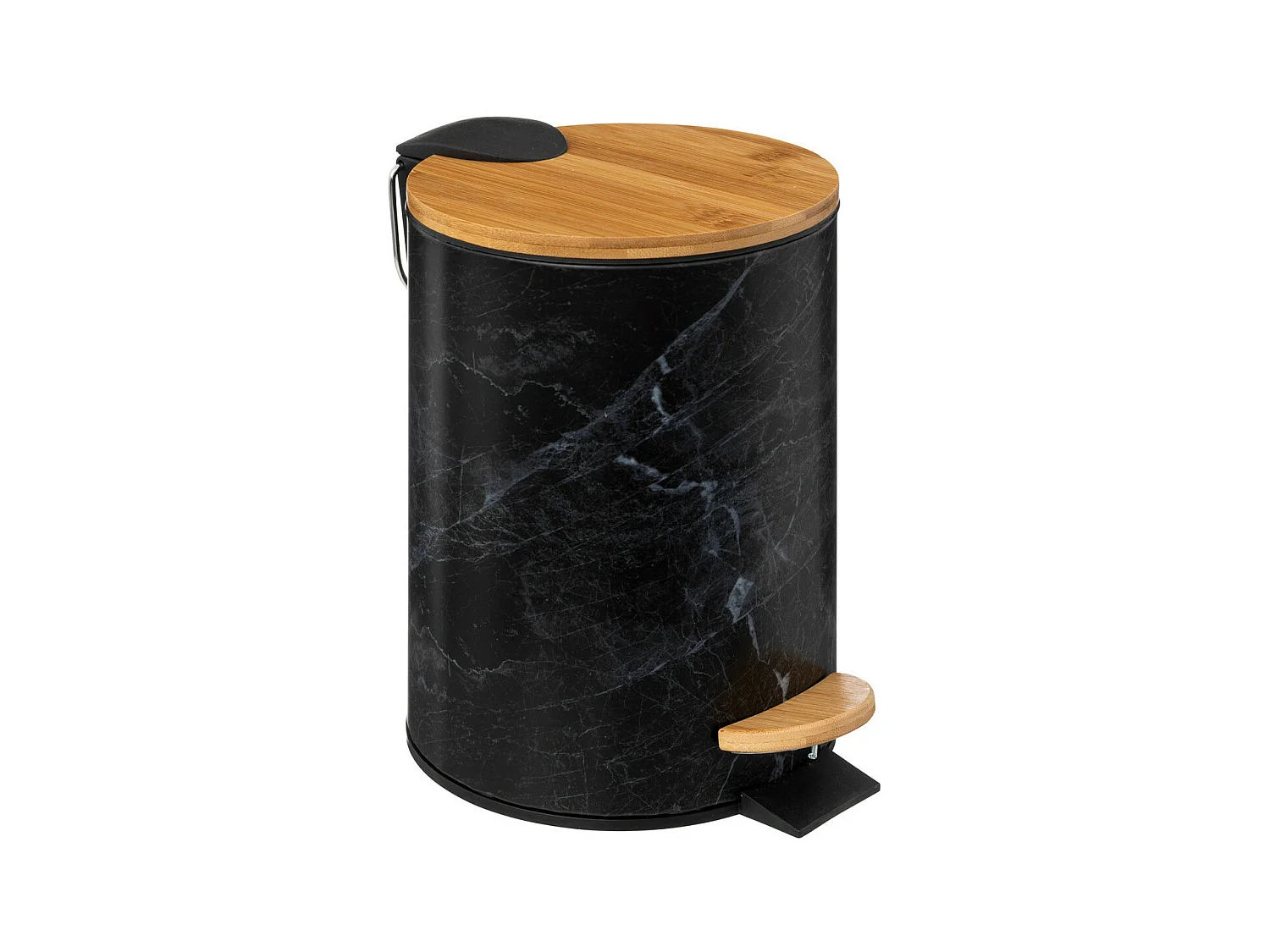 Poubelle en métal Noir marbré et couvercle en bambou 3 L