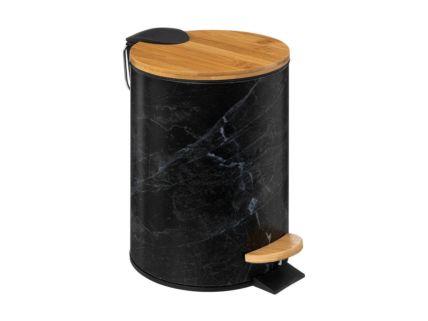 Poubelle en métal Noir marbré et couvercle en bambou 3 L
