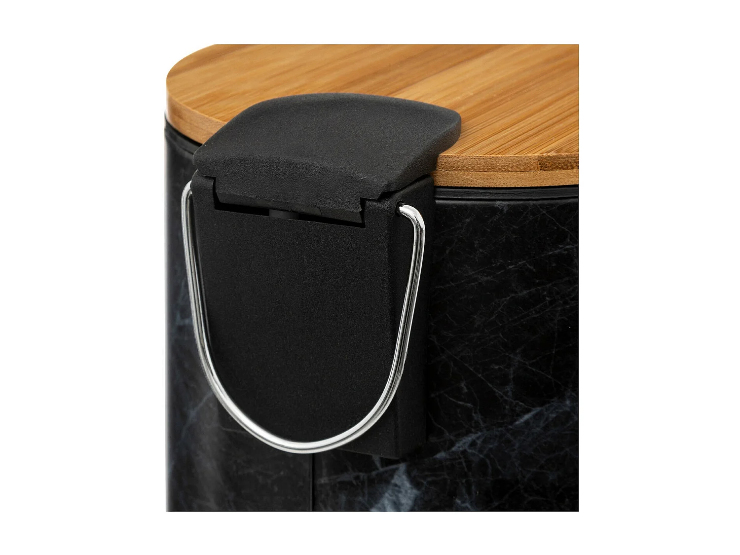 Poubelle en métal Noir marbré et couvercle en bambou 3 L