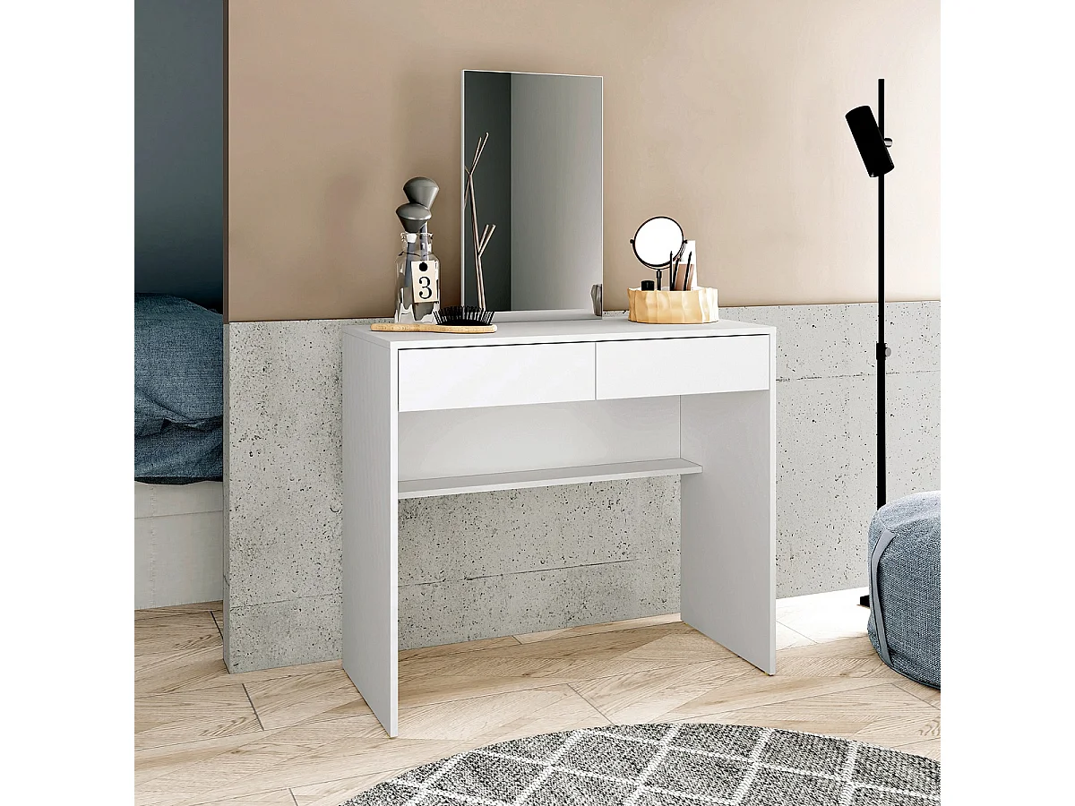 Coiffeuse, table de maquillage avec 2 tiroirs + miroir coloris blanc